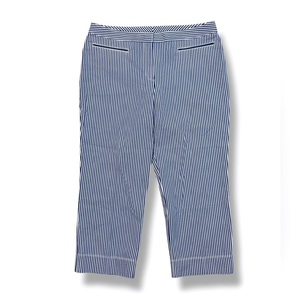 ST JOHN Blue & White Striped Seersucker Cropped Capri Pants